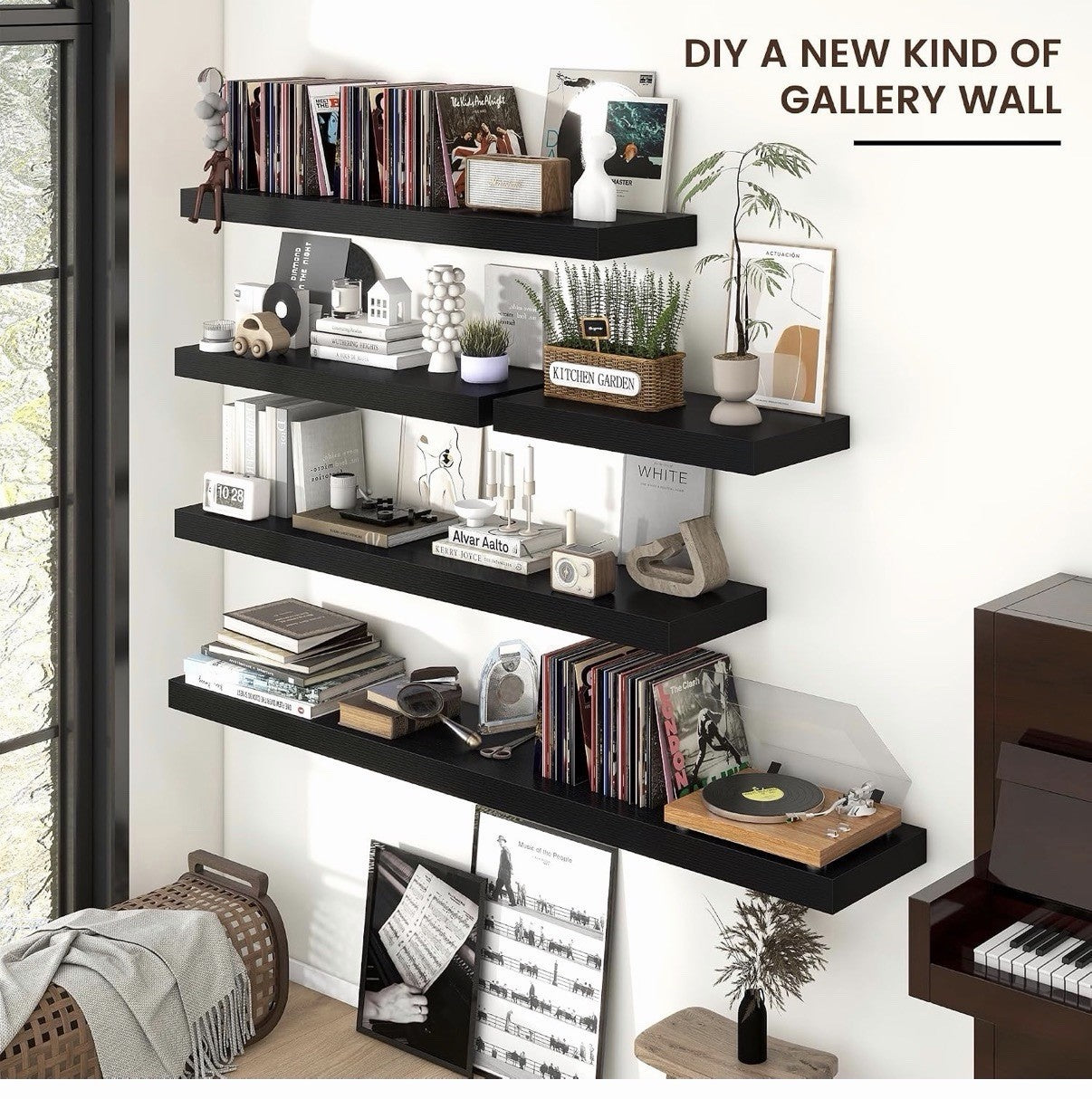 72 Inch Long Floating Shelves , 12"D Wood Grain Black Finish