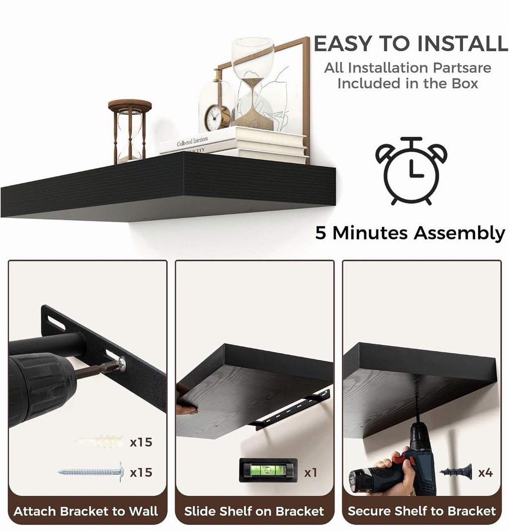 72 Inch Long Floating Shelves , 12"D Wood Grain Black Finish