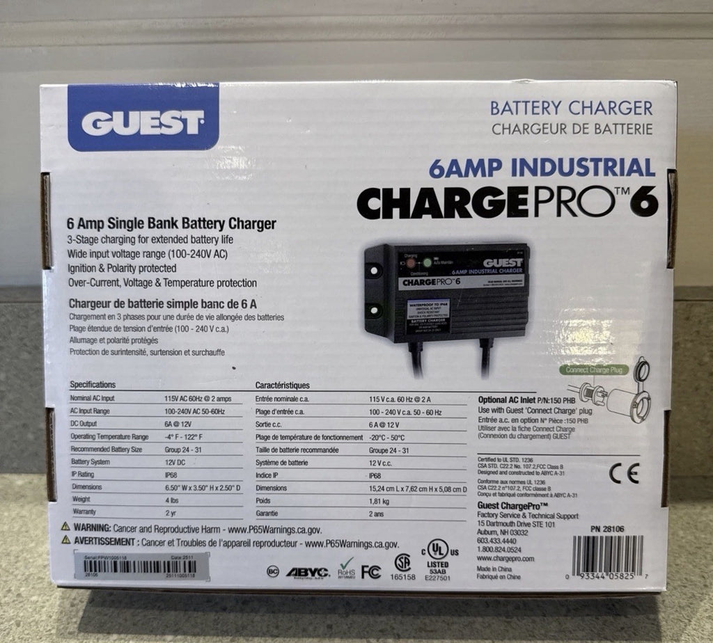 Guest Charge Pro 6A Battery Charger 1 Bank 12V On-Board Marine Boat 120V Global