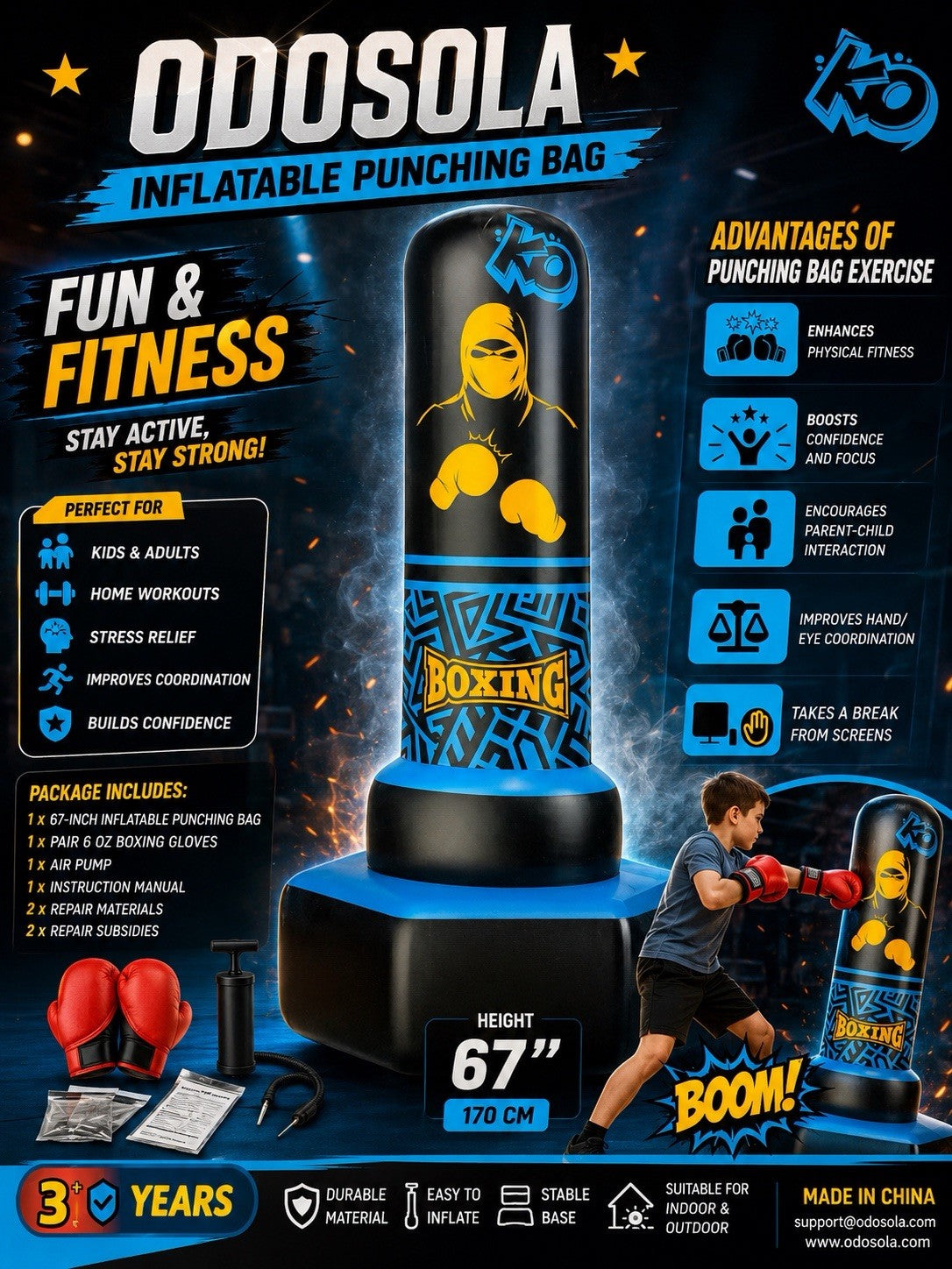 Kids Inflatable Punching Bag 66in Boxing Toy Set with Gloves Pump
