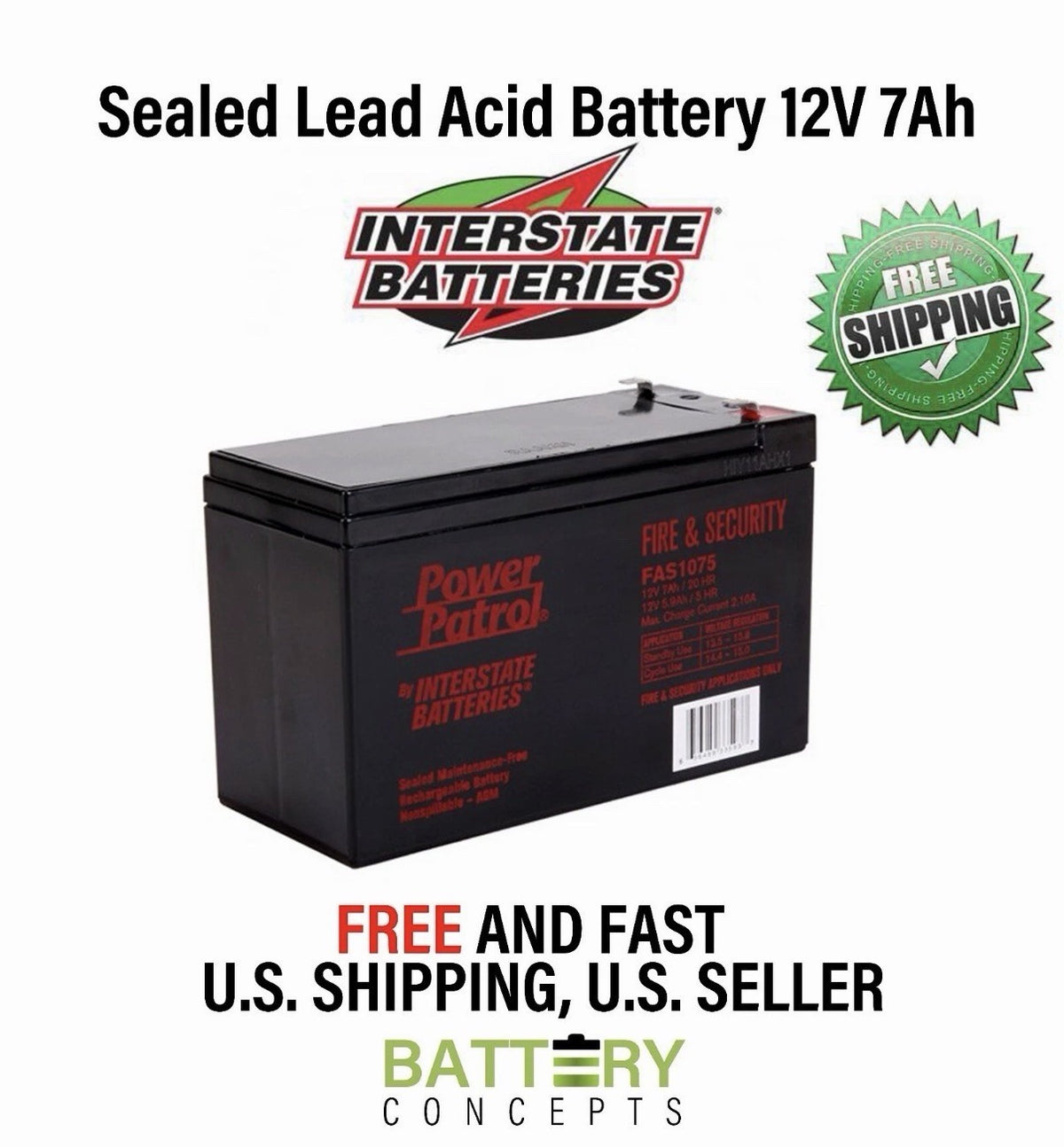 Power Patrol Sealed Lead Acid Battery FAS1075, 12V 7Ah Security Home Alarm