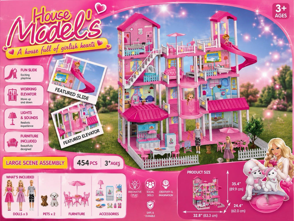 New Dreamhouse Pool Party Doll House with 4 Story Slide 4-5 7-8 Year Old 2 Dolls