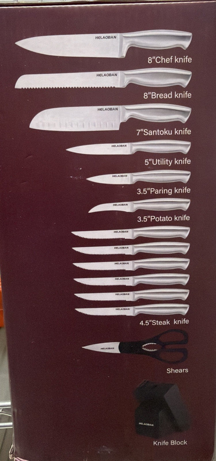 HELAOBAN 14 Pc Kitchen Knife Block Set High Carbon Stainless Steel HLB-K3 NEW