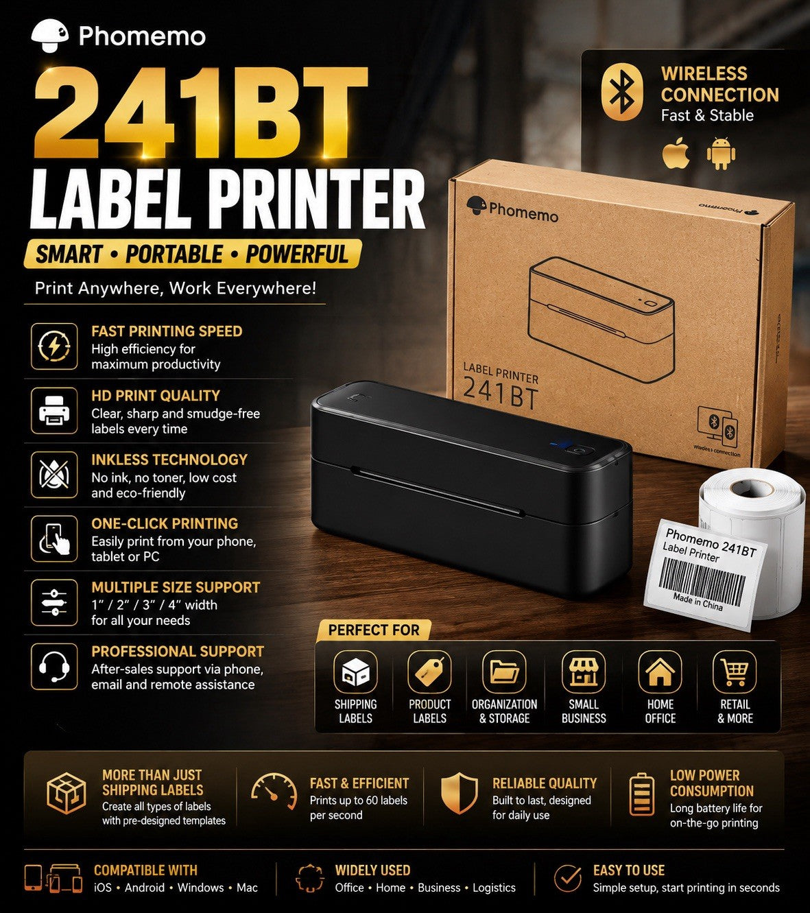 Phomemo 241BT Label Printer Model 241BT MPN 241BT + 450 labels combo 4" x 6"