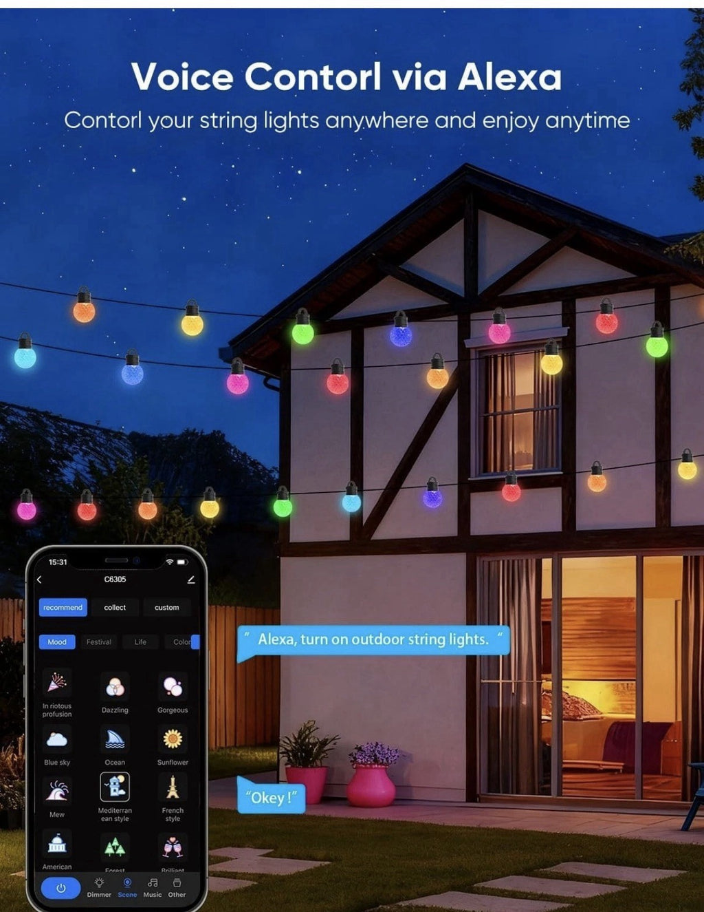 APPECK Smart 100ft Outdoor LED String Lights RGBW Color Changing Patio Alexa App