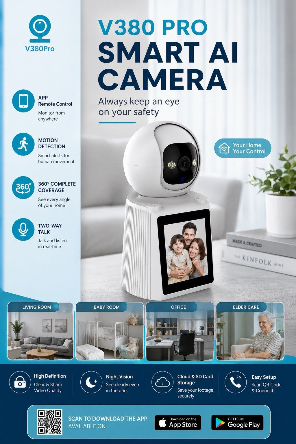 V380Pro Indoor Wi-Fi IP Camera 1080p 360° Motion Two-Way Talk LCD Screen