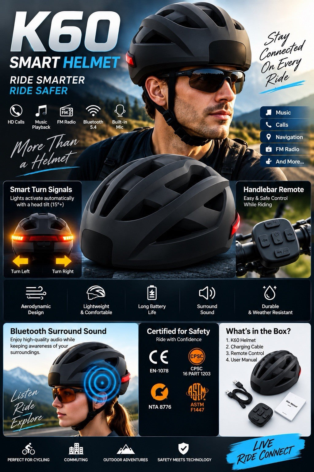 Smart E-Bike Helmet with Bluetooth 5.4 Stereo Sound & Turn Signal Lights