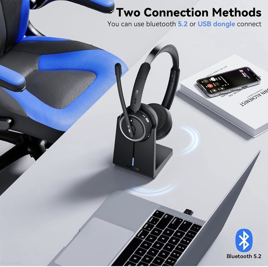 Wireless Headset with Mic for Work, Bluetooth Headset with Microphone