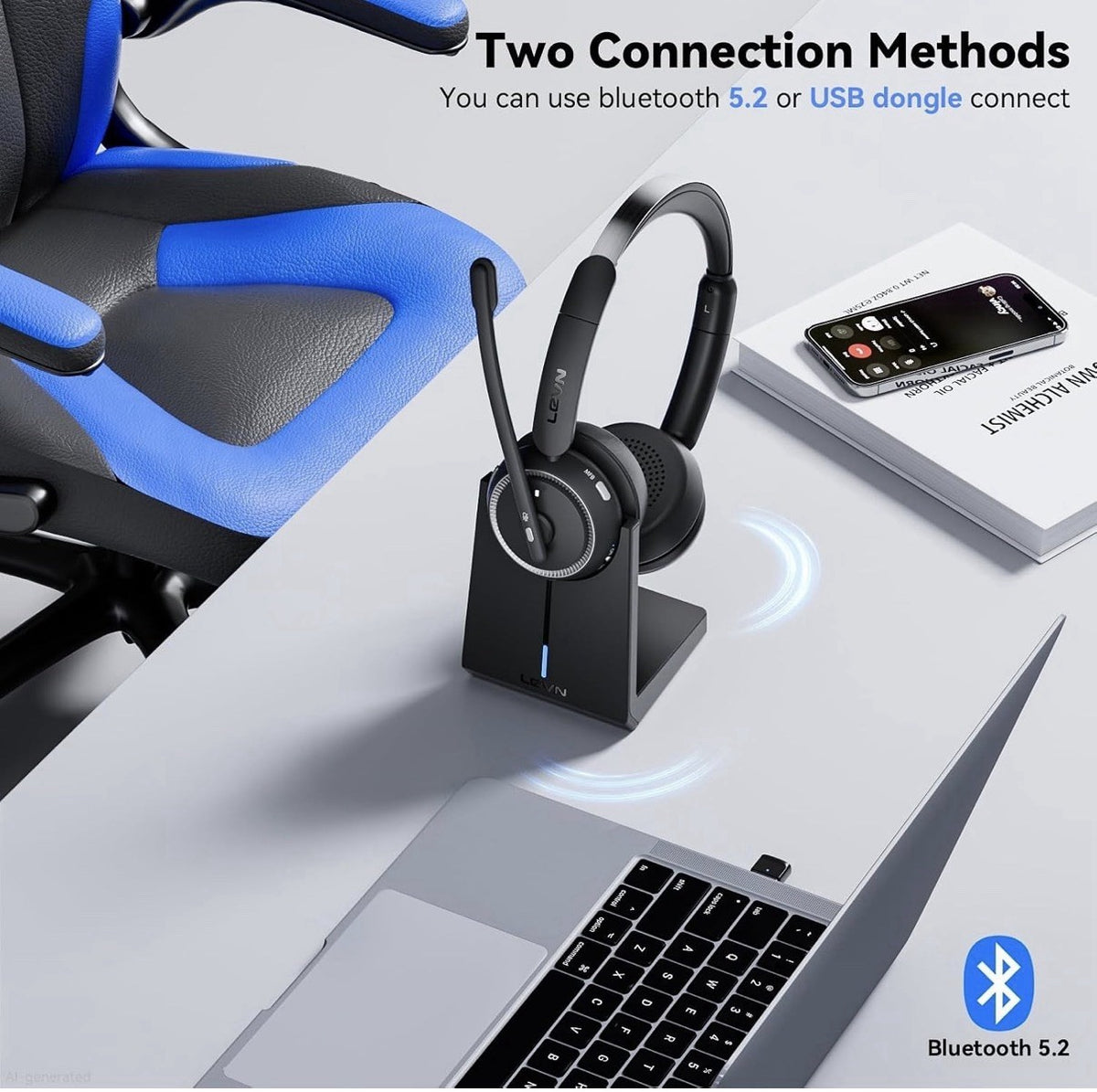 Wireless Headset with Mic for Work, Bluetooth Headset with Microphone