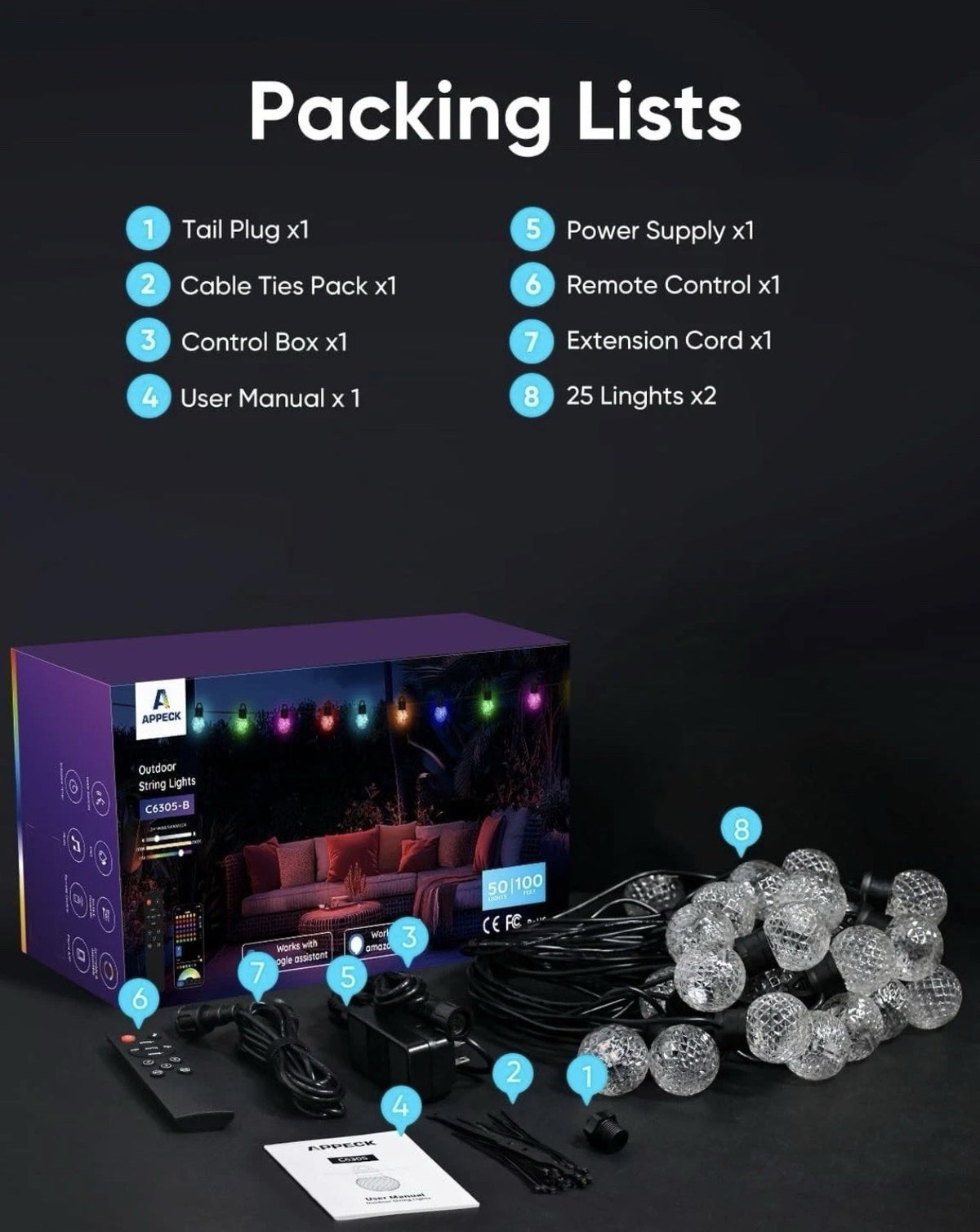 APPECK Smart 100ft Outdoor LED String Lights RGBW Color Changing Patio Alexa App