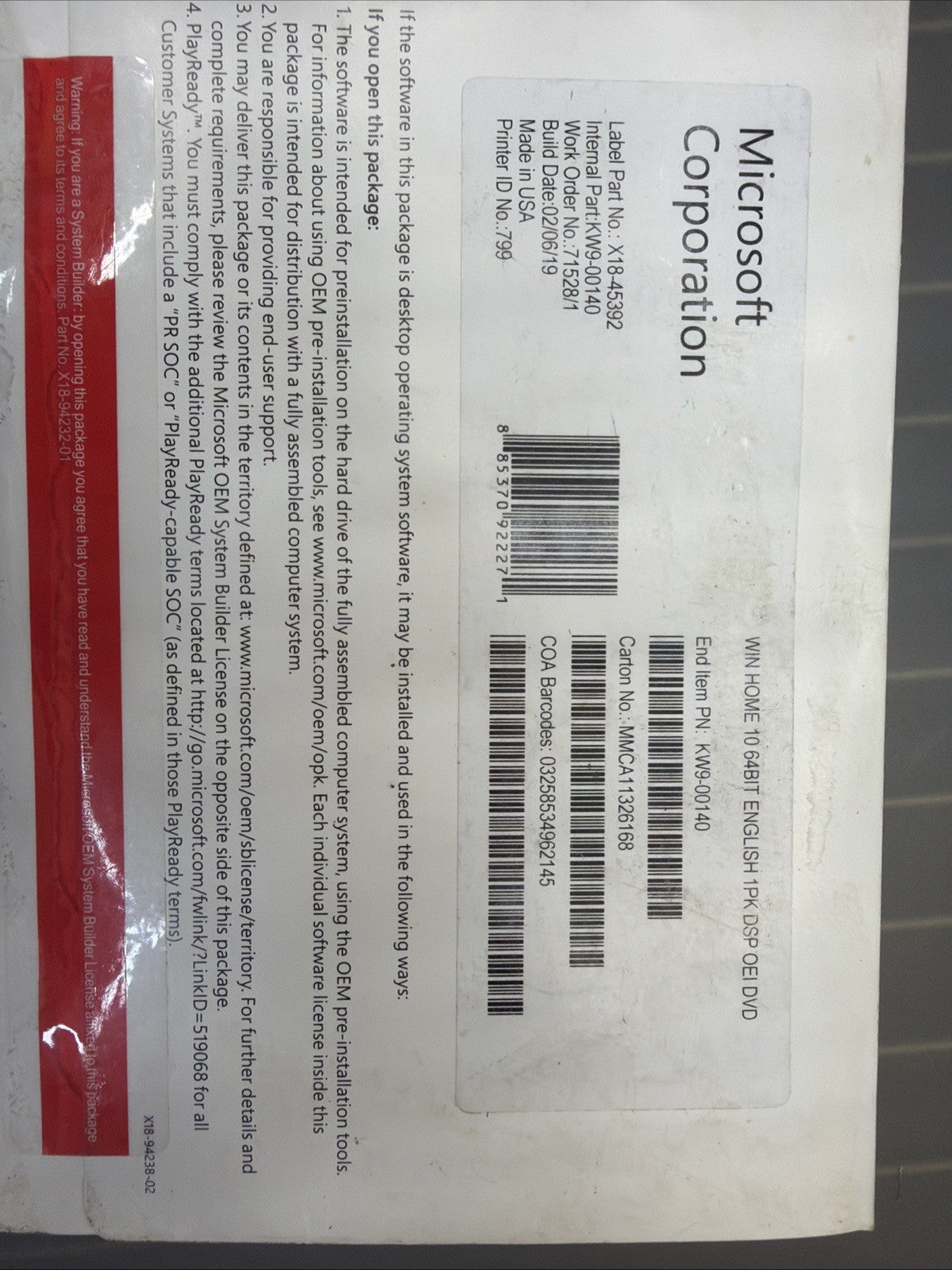 Microsoft Windows 10 Home 64-bit Software (KW9-00140)